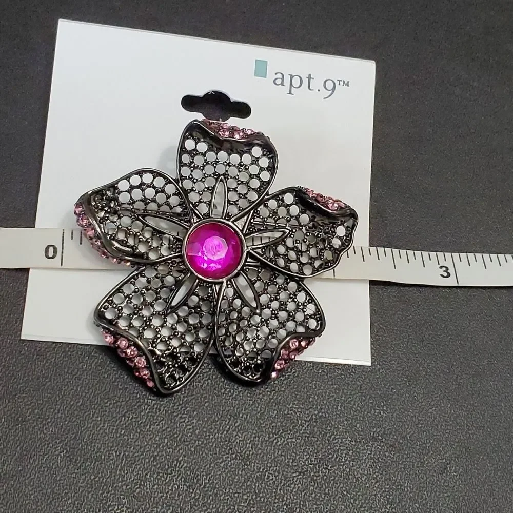 Apt 9 dark silver tone pink flower brooch